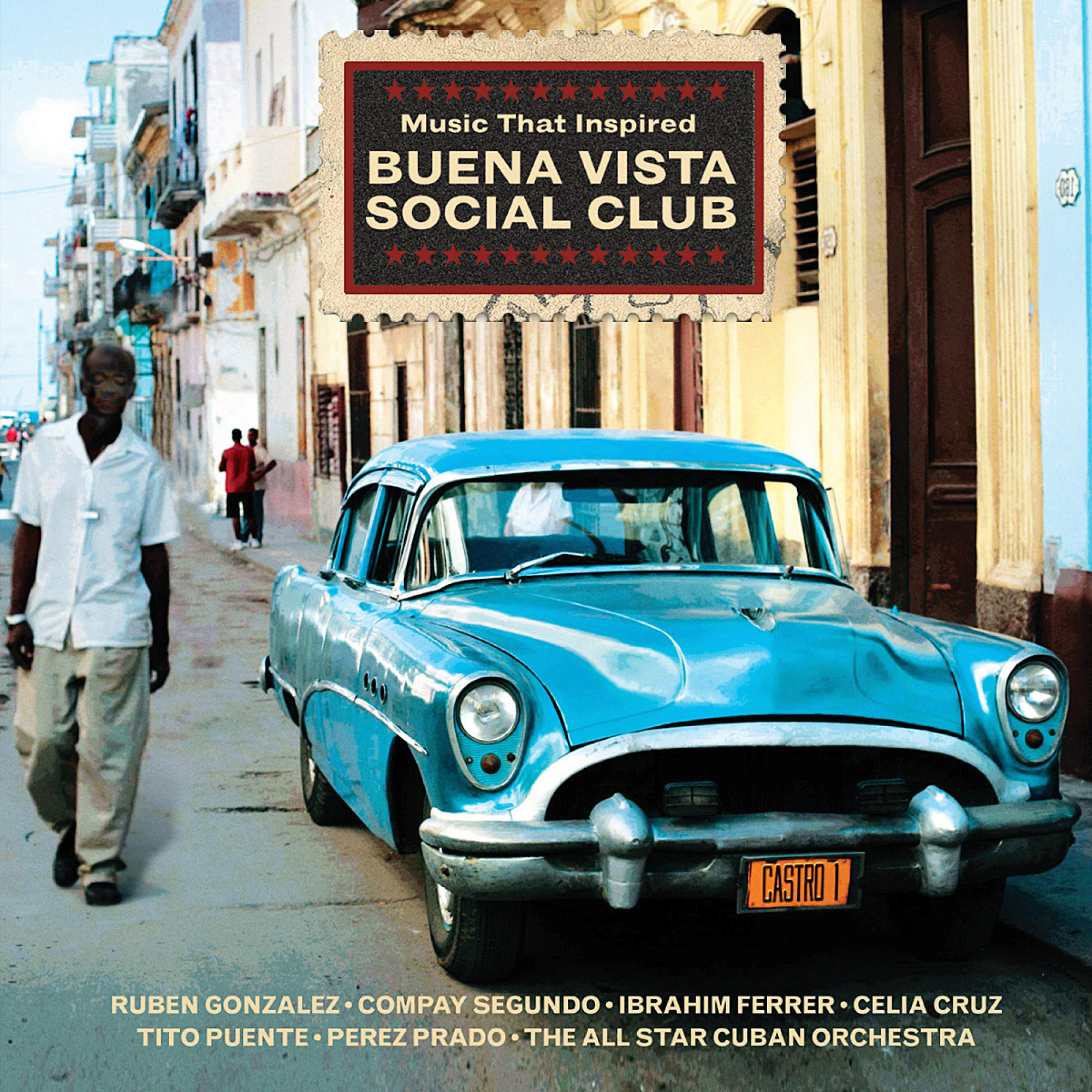 Albumcover von Buena Vista Social Club mit kubanischer Straßenszene und blauem Auto.