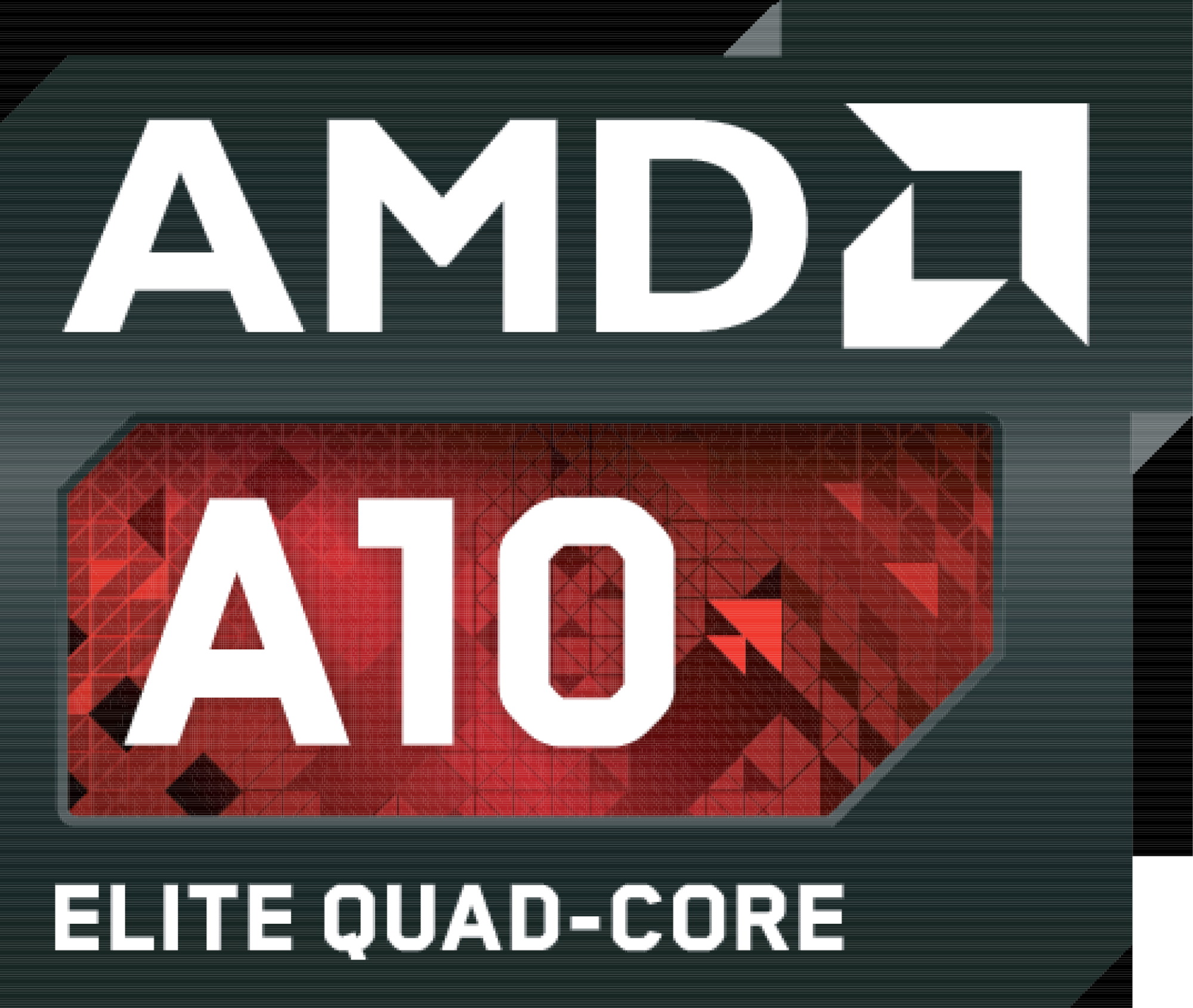 AMD A10 Elite Quad-Core Logo. AMD-Logo über rotem Rechteck mit 'A10' in Weiß. Schwarzer Hintergrund.