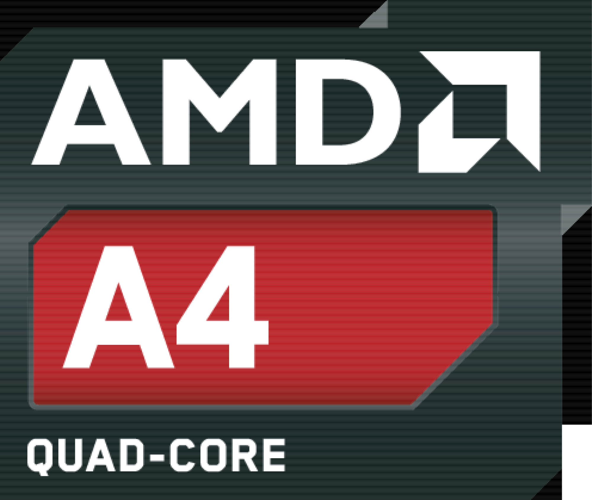 AMD A4 Quad-Core logosu. AMD logosu, beyaz 'A4' yazılı kırmızı bir dikdörtgenin üzerinde. Siyah zemin.