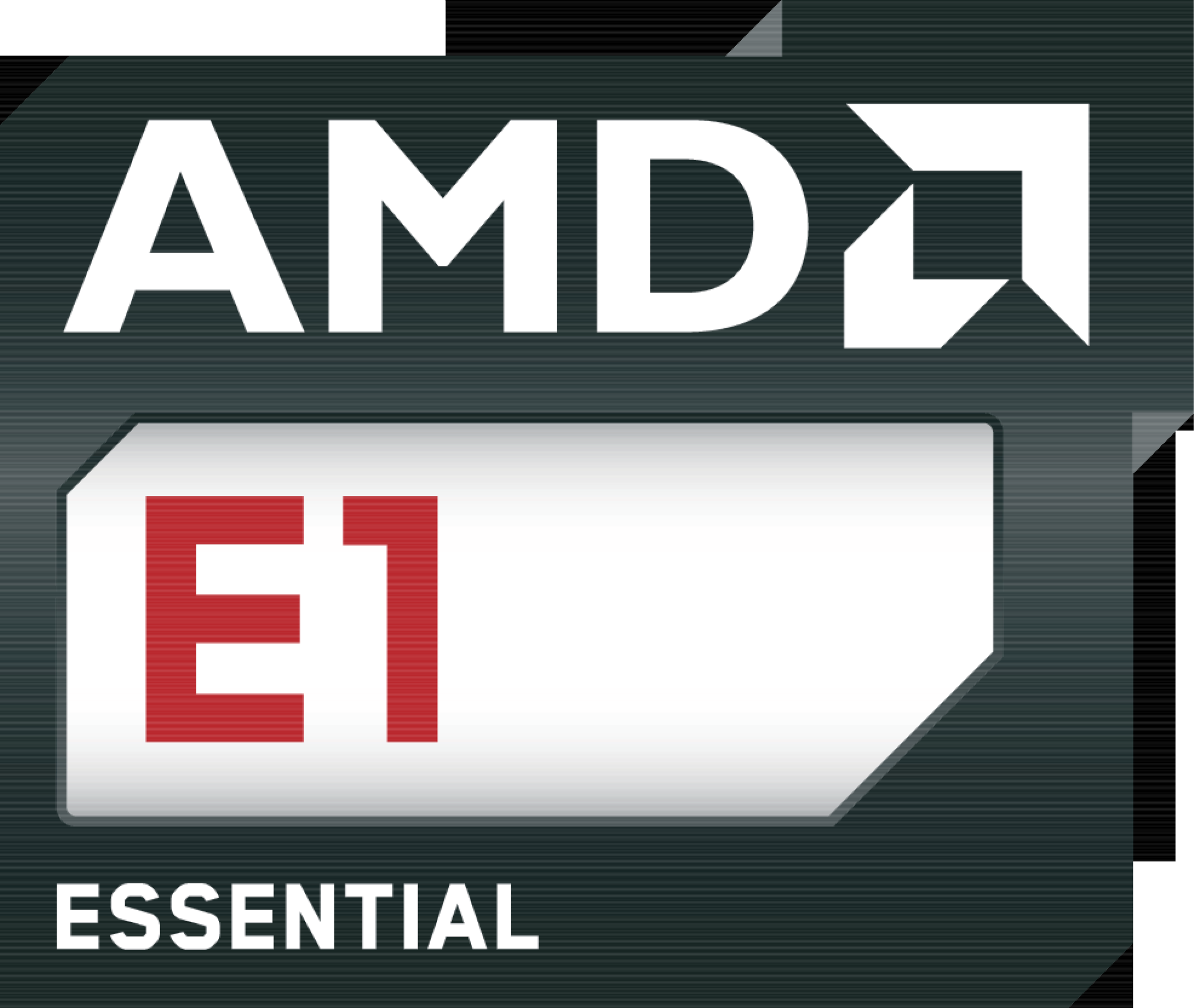 AMD E1 Essential logo. AMD logo boven een witte rechthoek met 'E1' in rood. Zwarte achtergrond.