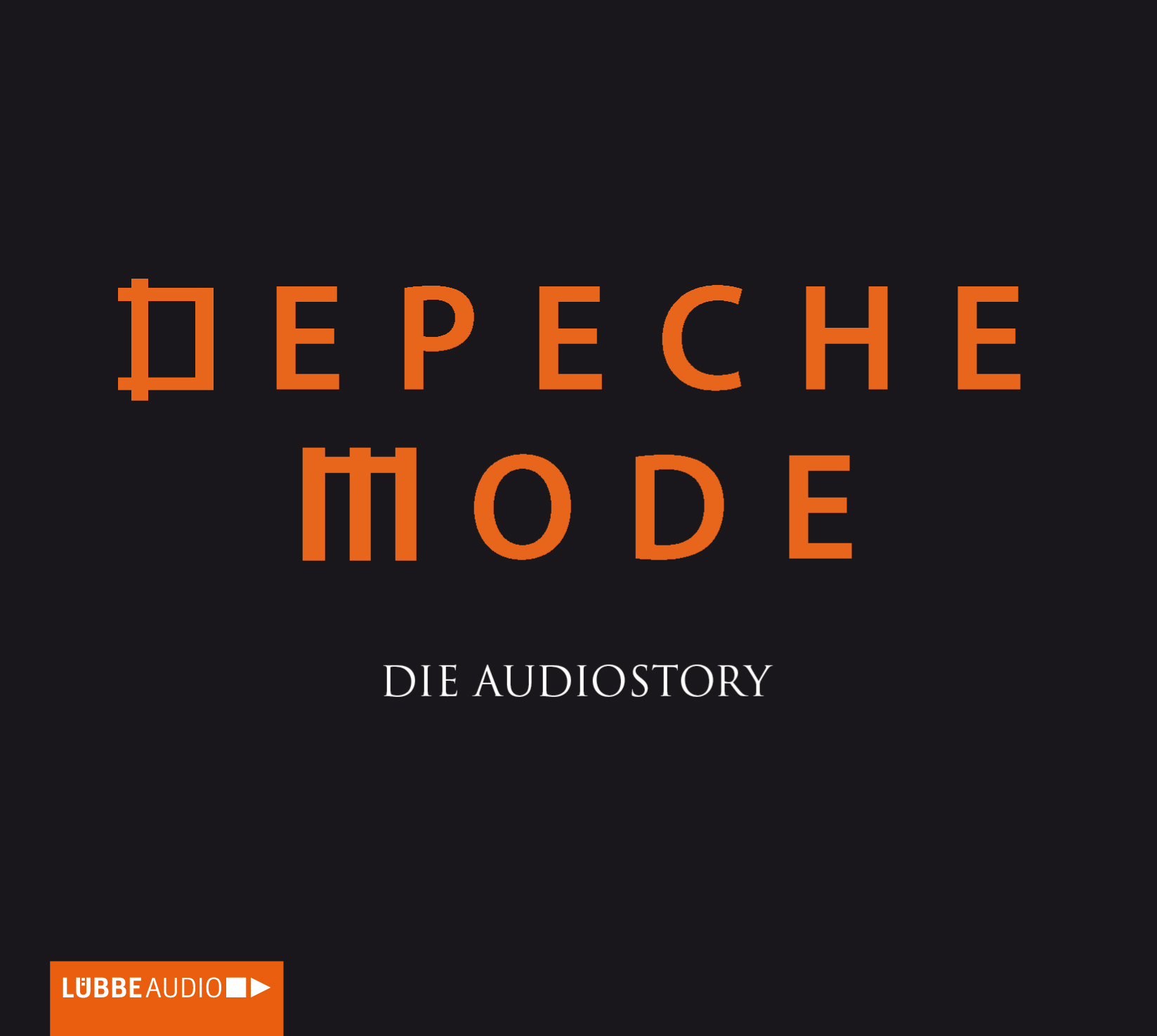 Albumcover für Depeche Modes Die Audiostory, oranger Text auf Schwarz.