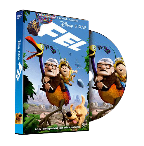 Az Up című film DVD borítója. Egy rajzolt házat, egy embert és egy repülő madarat ábrázol.