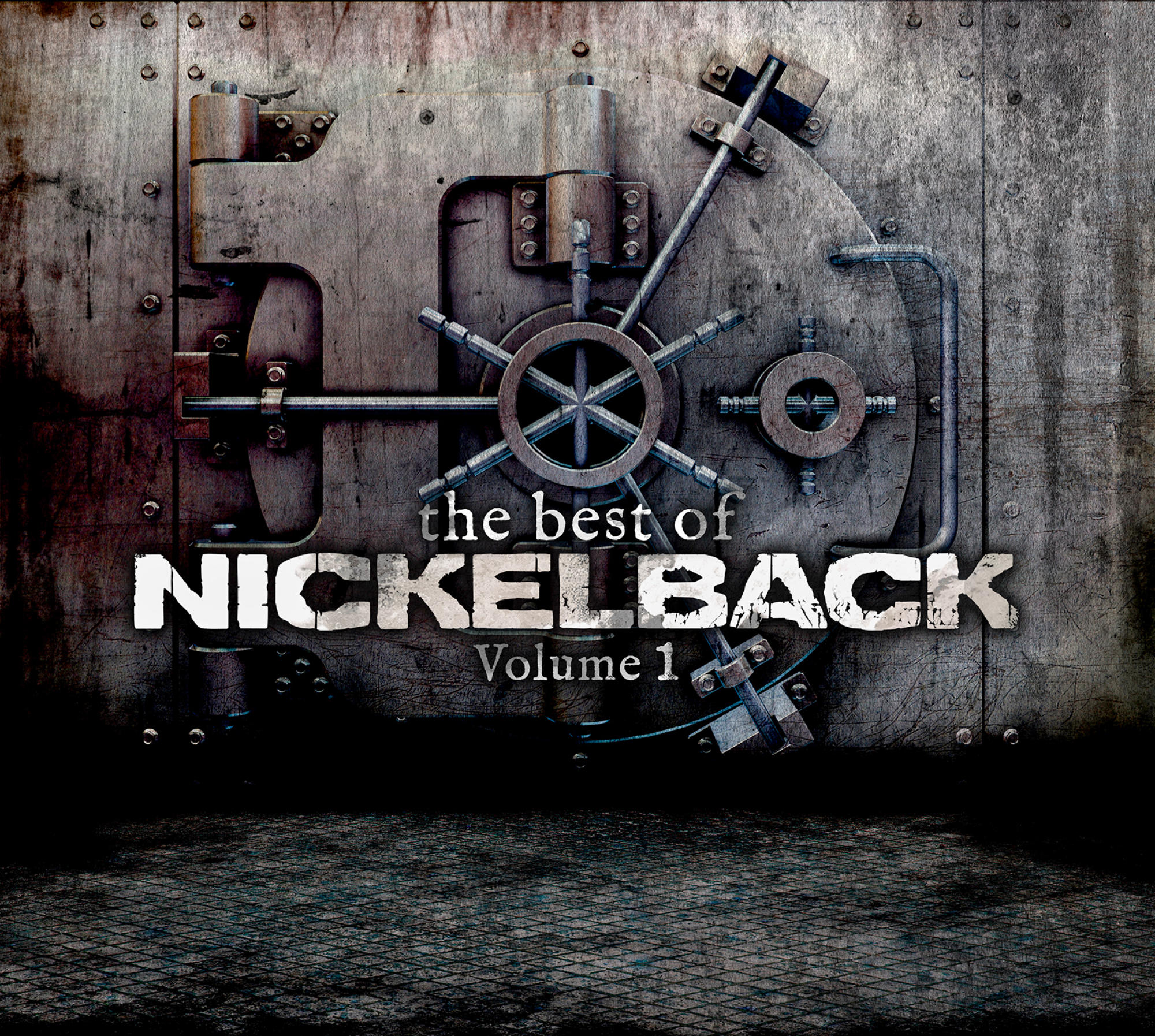 Albumcover mit Text: 'The Best Of Nickelback Volume 1' auf einem Tresortür-Grafik.
