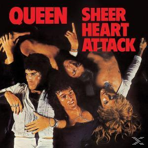 Albumcover von Queens 'Sheer Heart Attack' mit Bandmitgliedern vor schwarzem Hintergrund.