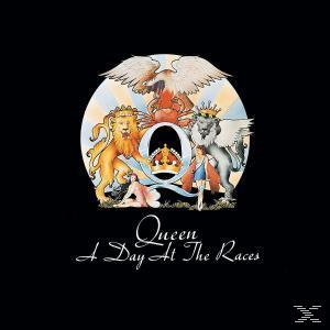 Albumcover für Queens "A Day at the Races". Es zeigt das Wappen der Band auf schwarzem Hintergrund.