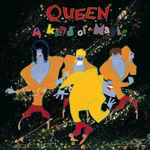 Queen-Albumcover. Animierte Figuren in bunten Outfits. Schwarzer Hintergrund mit Spritzern.