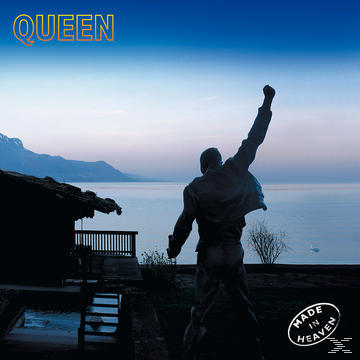 Albumcover: Queen. Mann mit erhobenem Arm, See, Berge. Blauer Himmel.