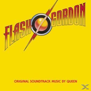 A 'Flash Gordon' filmzene borítója. Sárga háttér, piros cím, villám és kör alakú design.
