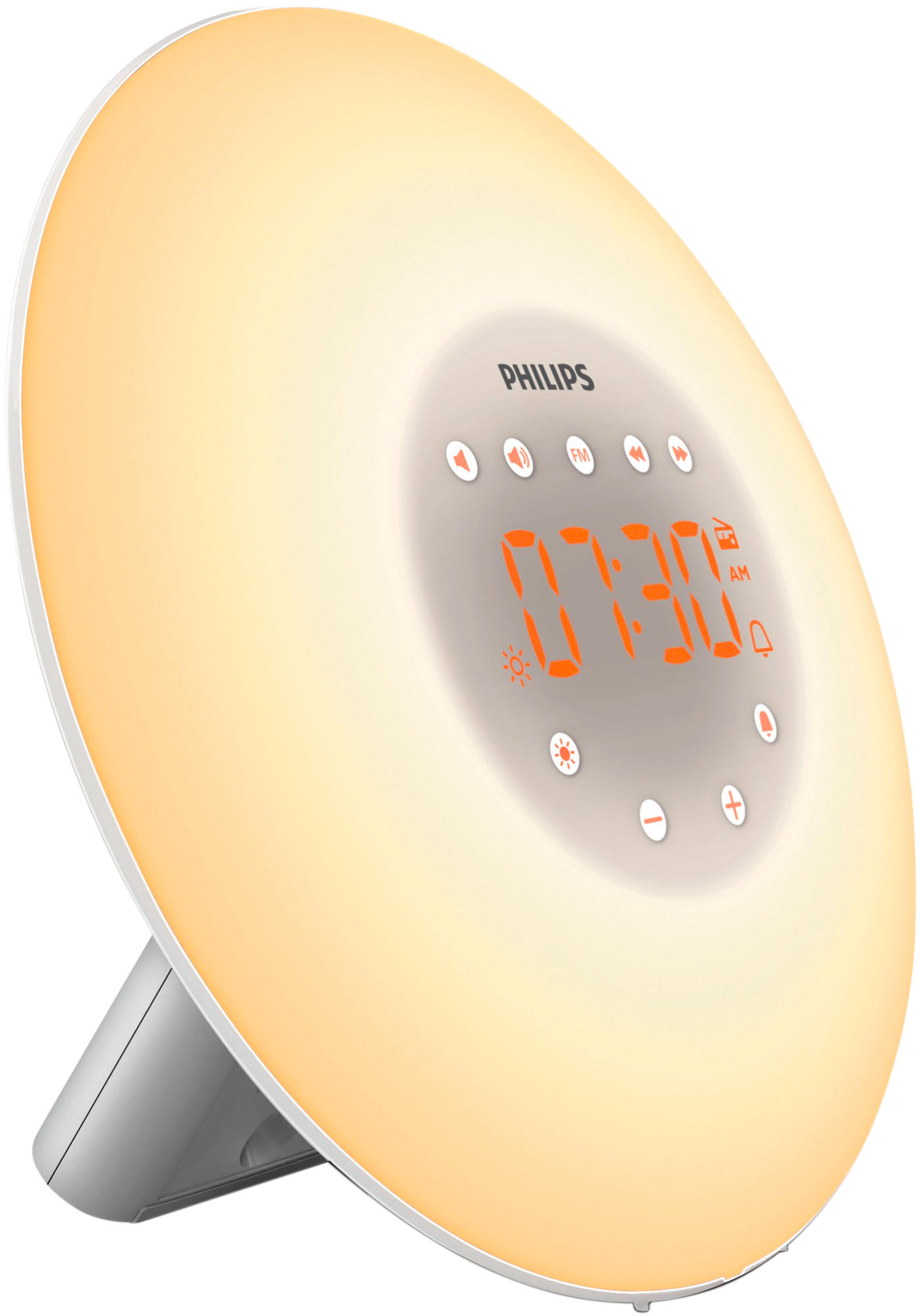 Weiß-graues Philips Wake-up Light. Zeigt 07:30 AM auf einem Digitaldisplay an. Tasten für Einstellungen sichtbar.