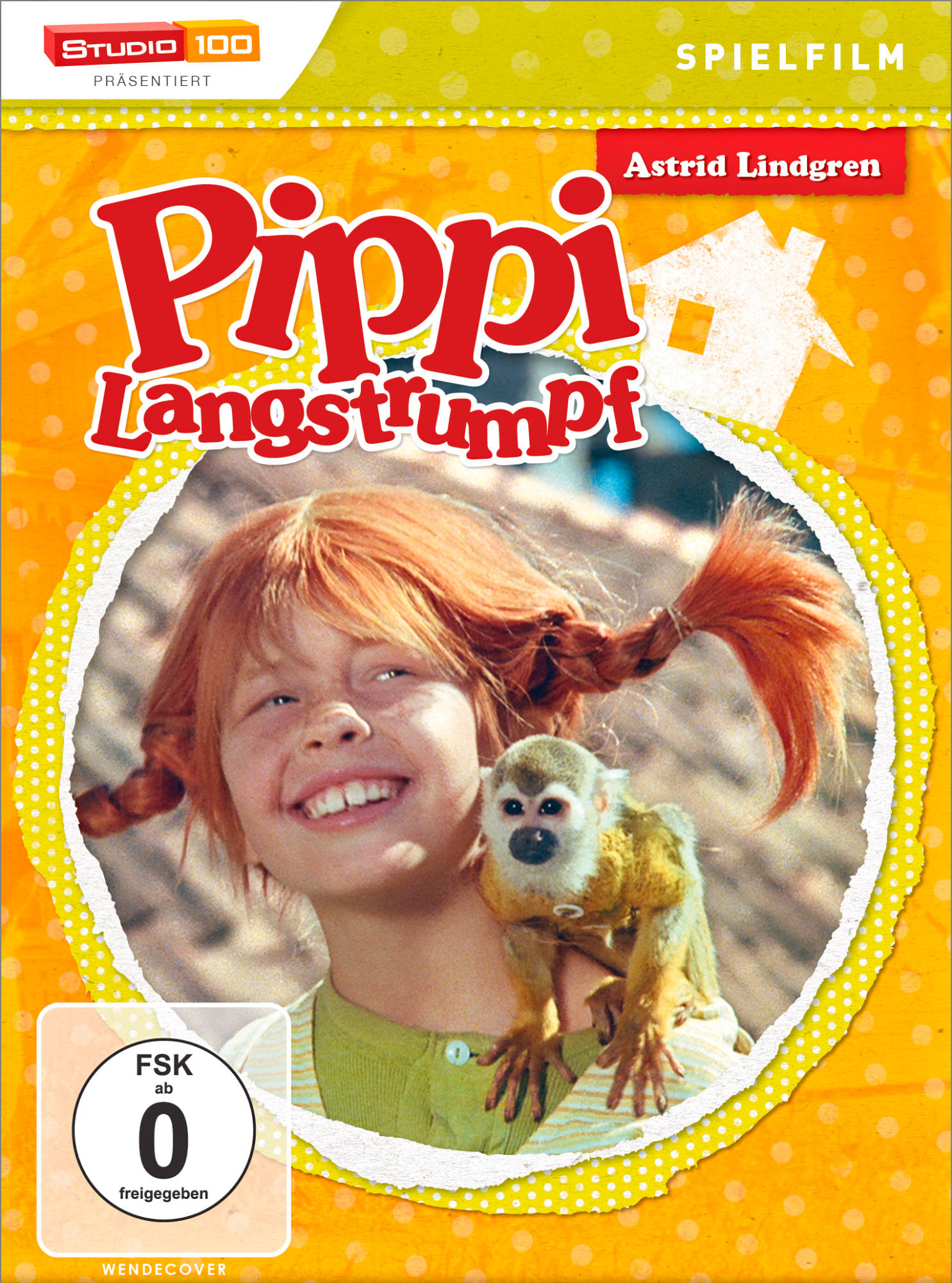 DVD-Cover für Pippi Langstrumpf. Zeigt ein Mädchen mit Zöpfen, einen Affen und ein Haus.