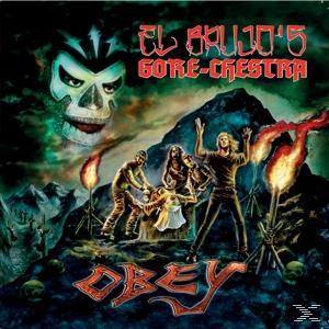 Albumcover mit Totenkopf, Figuren und Feuer. Text: El Brujo's Gore-Crestra und Obey.