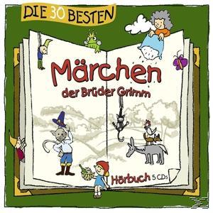 Cover eines deutschen Märchenbuchs mit Illustrationen. Text: 'Die 30 Besten Märchen der Brüder Grimm'.