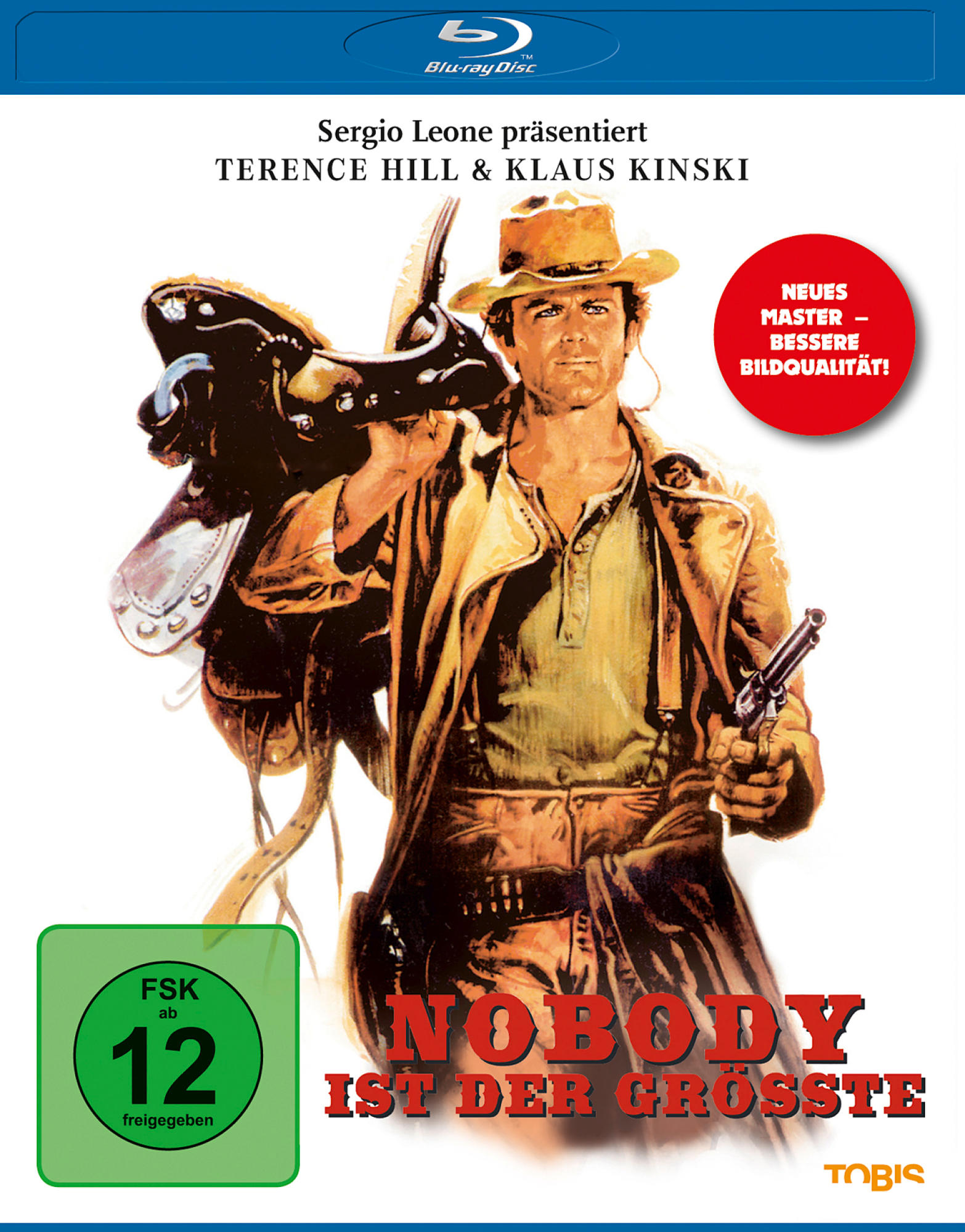 Filmposter mit einem Cowboy, der eine Waffe hält, mit einem Sattel. Der Titel lautet 'Nobody Ist der Grösste'.