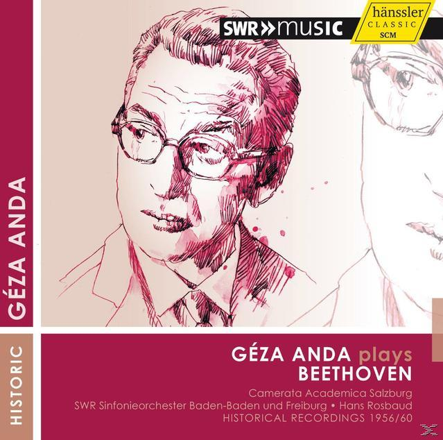 Das Cover eines Albums mit einer Zeichnung eines Mannes mit Brille. Titel: Géza Anda spielt Beethoven.