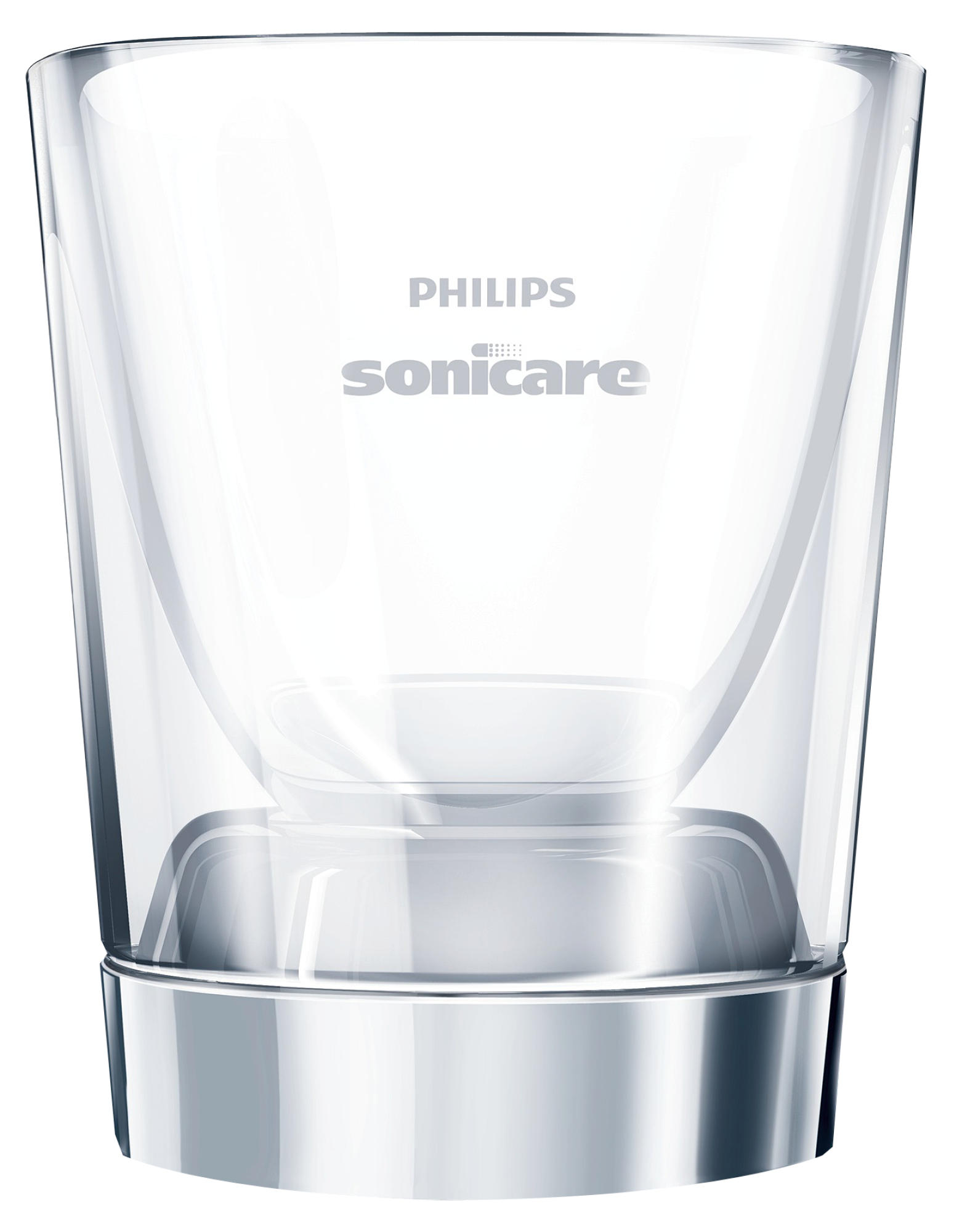 Klares Philips Sonicare Glas mit weißem Boden und silbernem Ring. Das Sonicare Logo ist sichtbar.