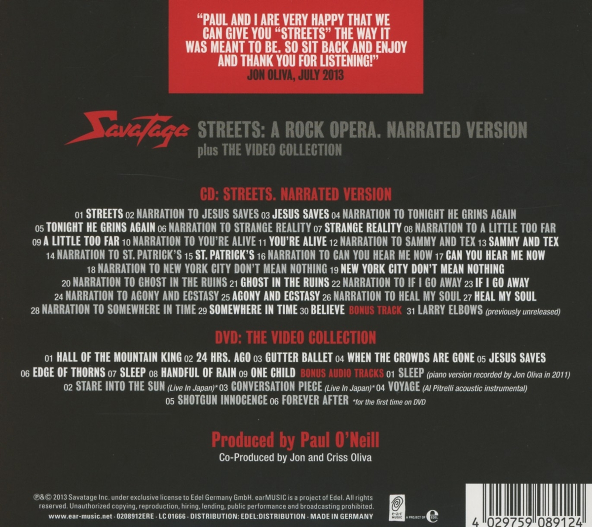CD-Cover mit Text über Savatages Rockoper "Streets", mit Titelliste.