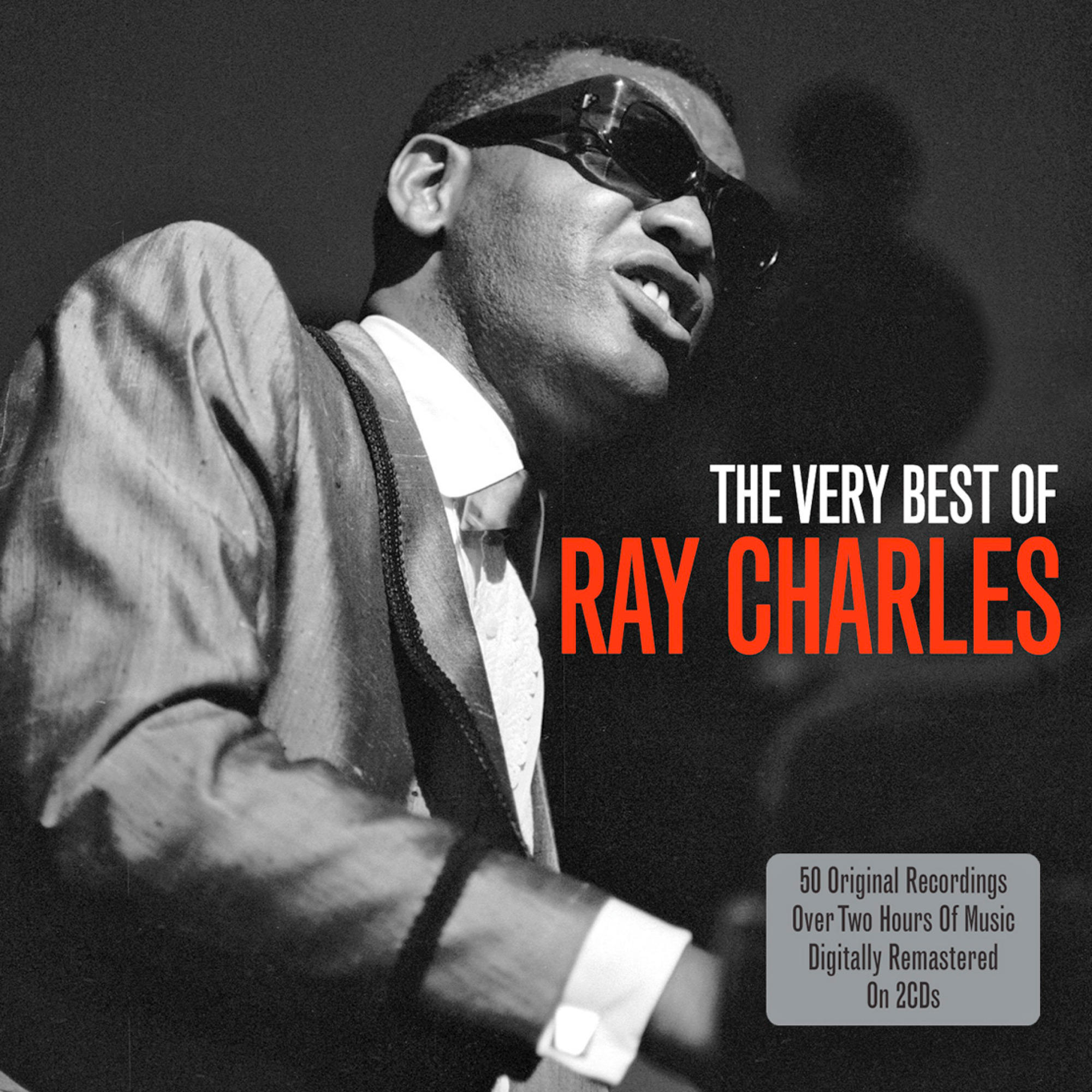 Albumcover für Ray Charles. Schwarz-Weiß-Bild von Ray Charles mit Sonnenbrille. Text: The Very Best of Ray Charles.
