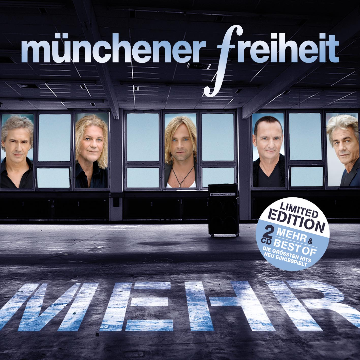 Albumcover mit 'Münchener Freiheit' und Bandmitgliedern. Ein blau-weißer Hintergrund mit dem Wort 'MEHR'.