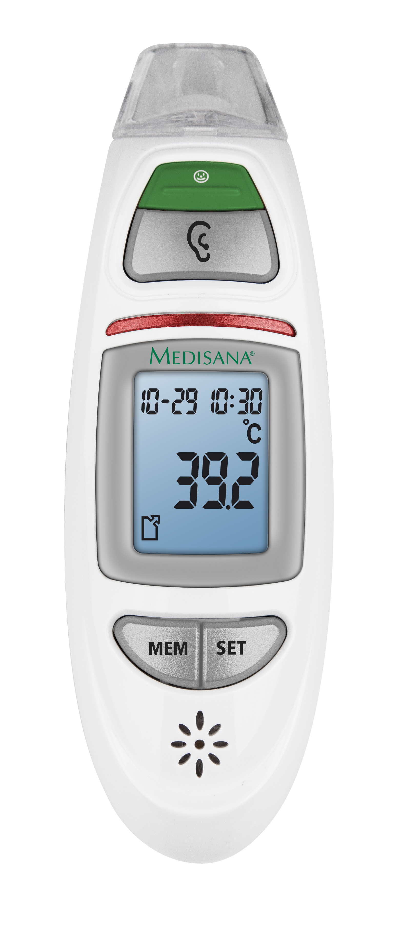 Weißes digitales Ohrthermometer mit blauem Display, das eine Temperatur von 39,2 Grad Celsius anzeigt.