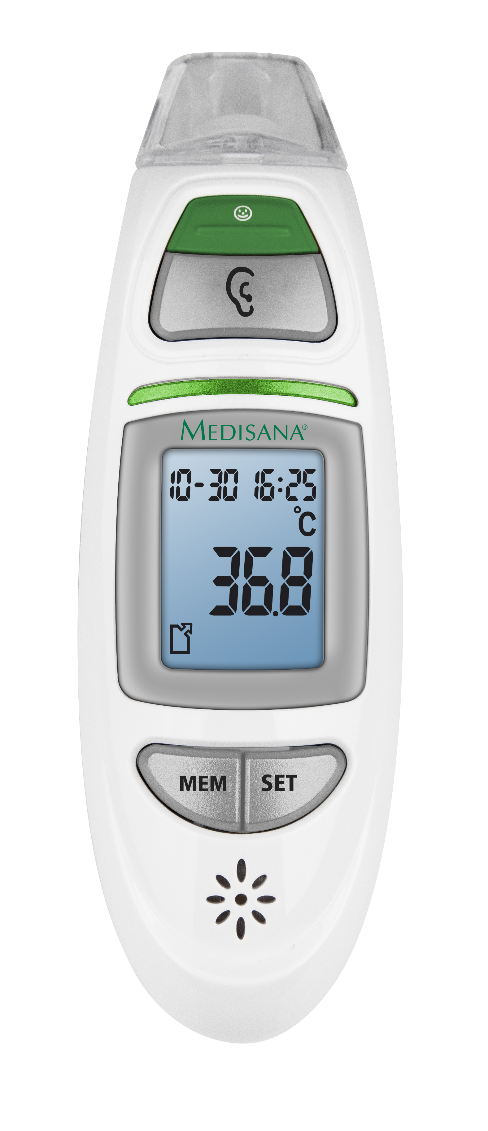 Weißes digitales Ohrthermometer mit blauem Display, das 36,8 Grad und andere Messwerte anzeigt.
