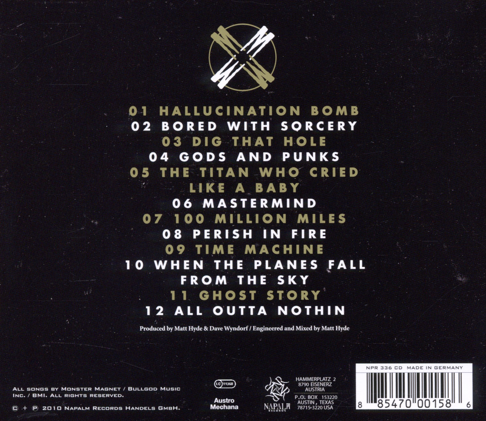 Rückseite einer CD mit Titeln und Bandinfo, mit dem Logo.
