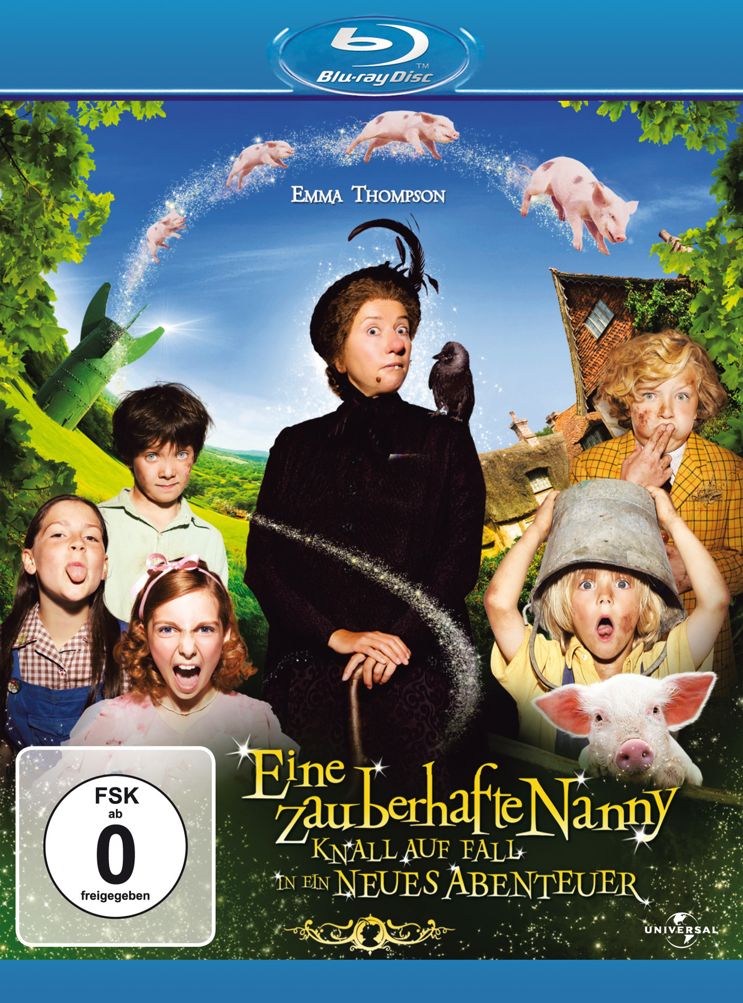 DVD-Cover von Nanny McPhee mit Emma Thompson, Kindern und Schweinen.