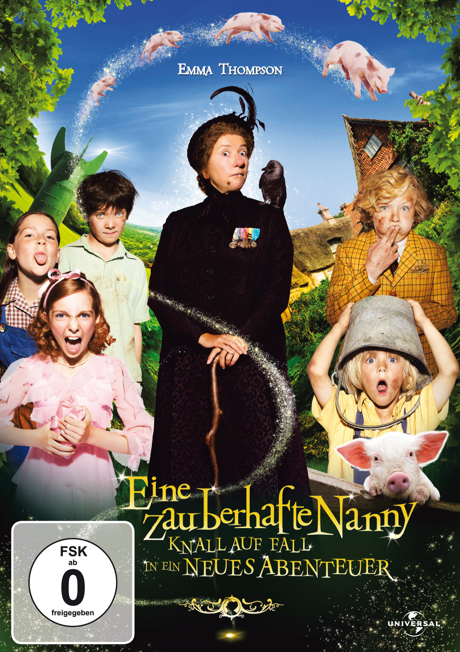 Filmplakat für 'Nanny McPhee'. Eine Frau und Kinder. Schweine fliegen im Hintergrund. Es ist ein farbenfrohes Bild.