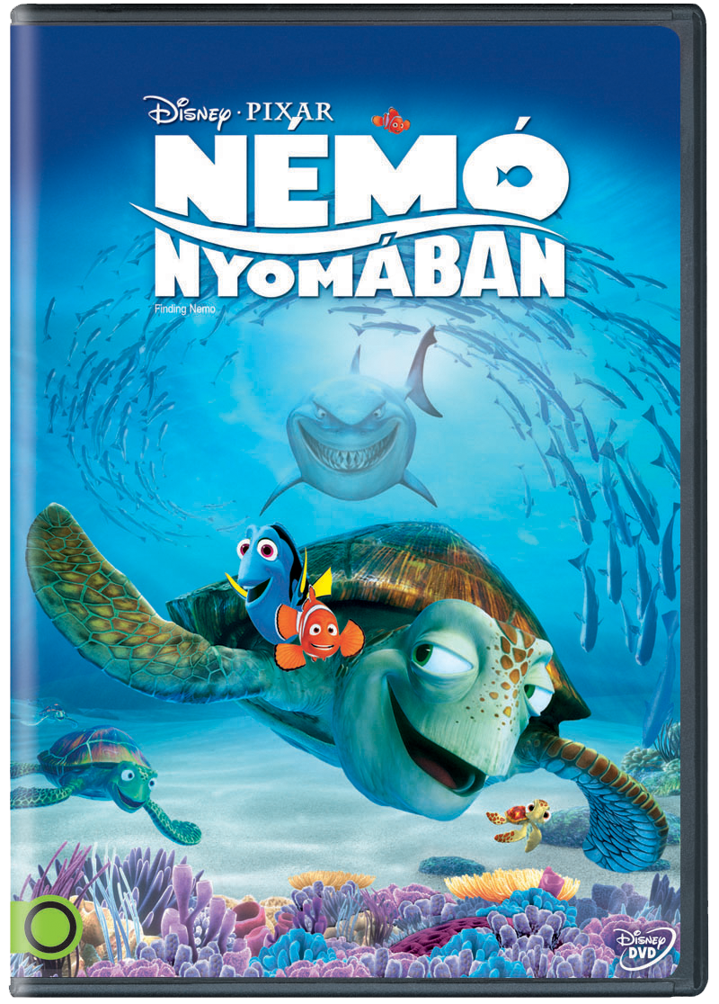 A Némó nyomában DVD borítója, Némóval, Dórival, egy teknőssel és egy cápával.