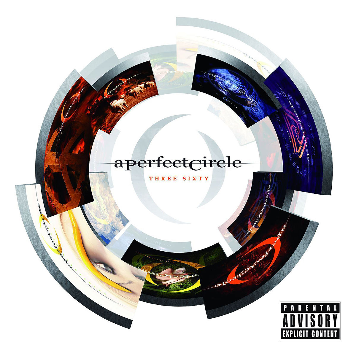 Albumcover mit kreisförmigem Design und dem Text „a perfect circle“. Das Album trägt den Titel „Three Sixty“.
