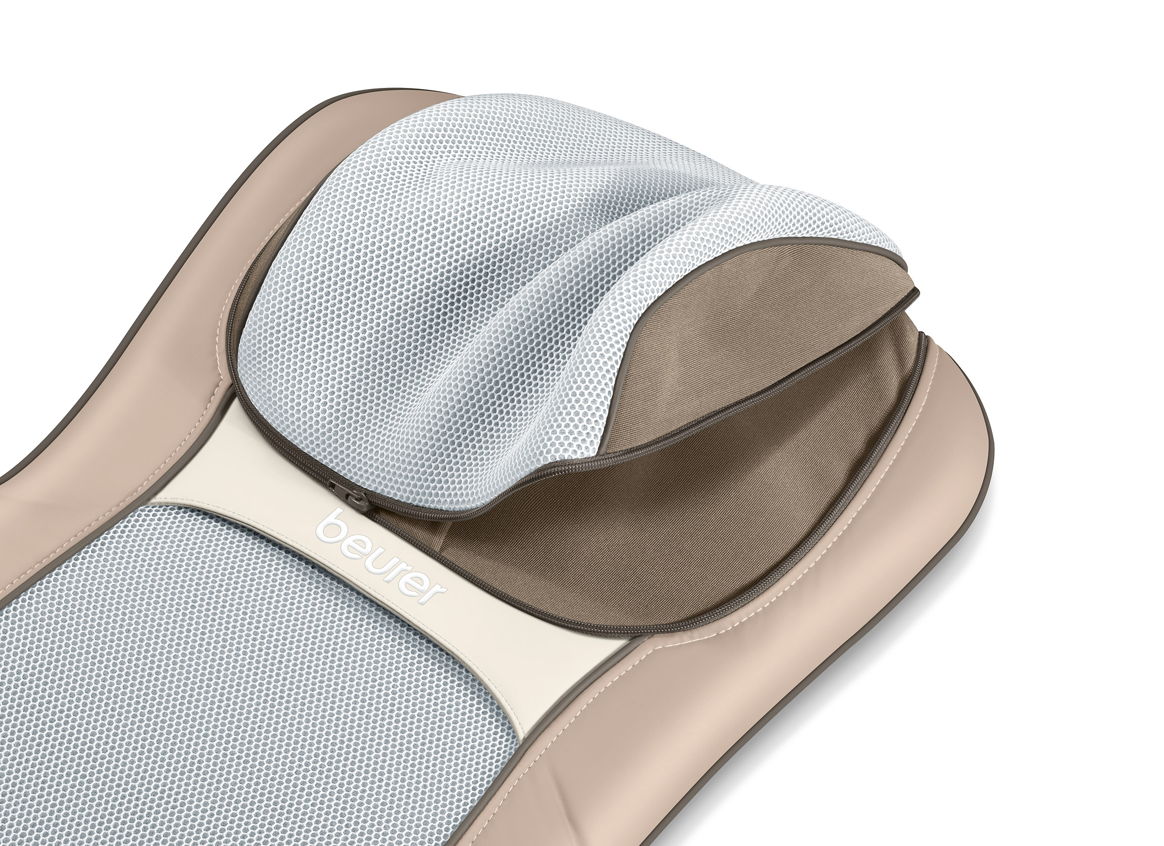 Beurer Massagekissen. Beige und weiße Farben. Verfügt über eine Kopfstütze aus Mesh und einen Reißverschluss.