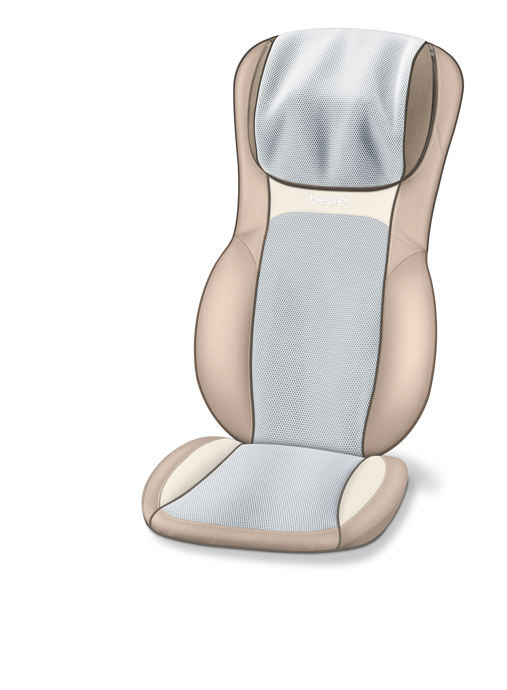 Ein beige-weißer Massagestuhlsitz mit Netzrücken und hellfarbigem Hintergrund.