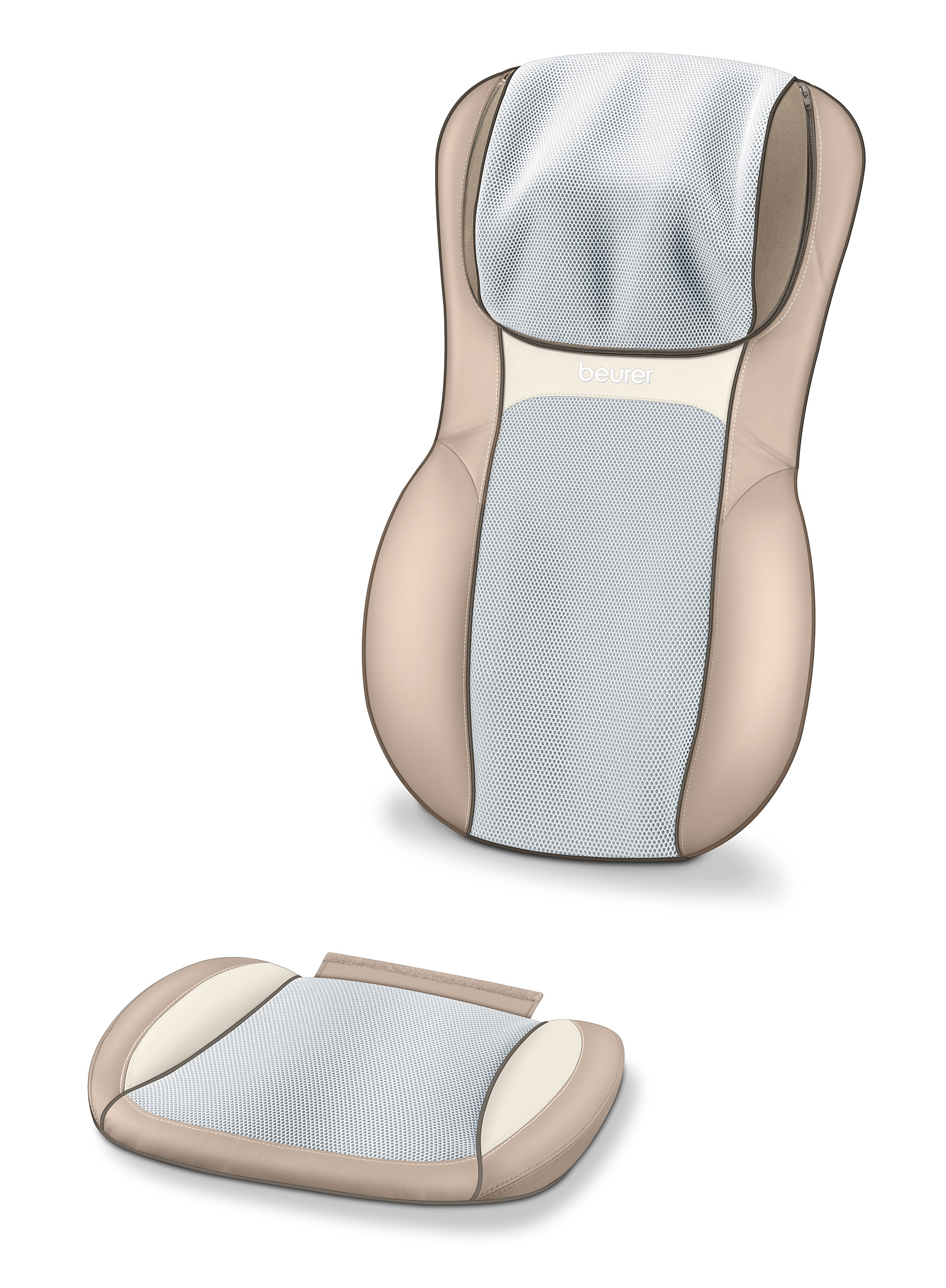 Massagesessel mit separatem Kissen, beige und weiß mit Mesh-Gewebe, auf weißem Hintergrund.
