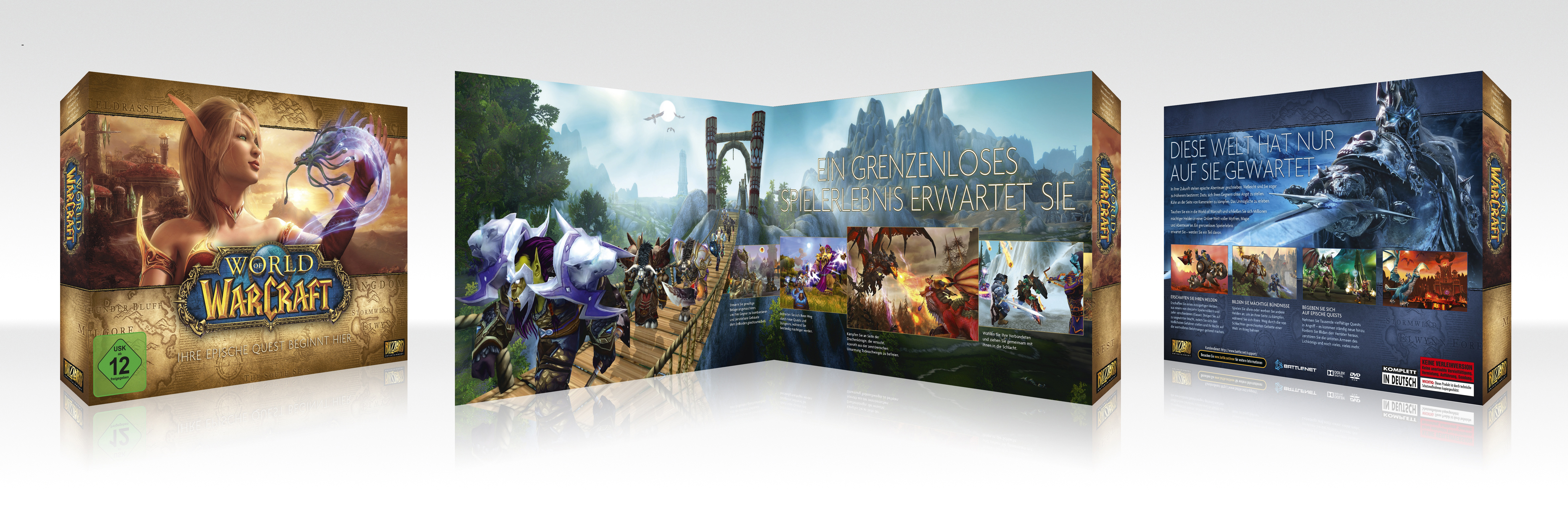 World of Warcraft Spielbox-Set, drei Ansichten mit Artwork und Text.