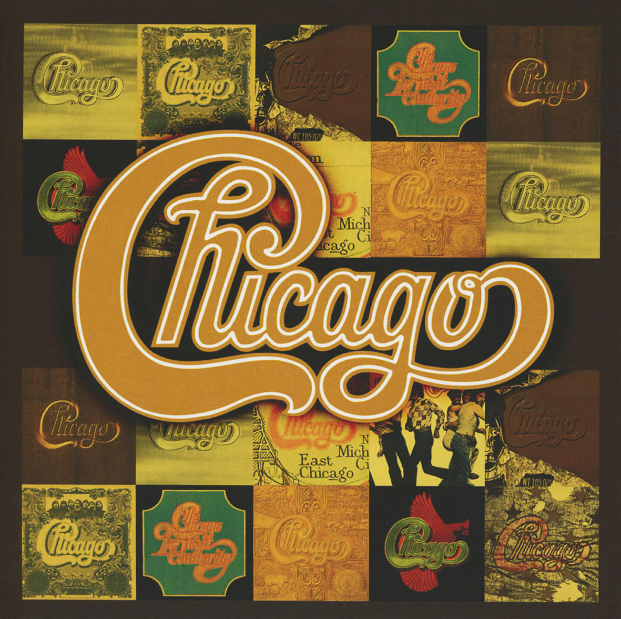 Albumcover mit großem, stilisiertem 'Chicago'-Logo über einer Collage von Bildern.