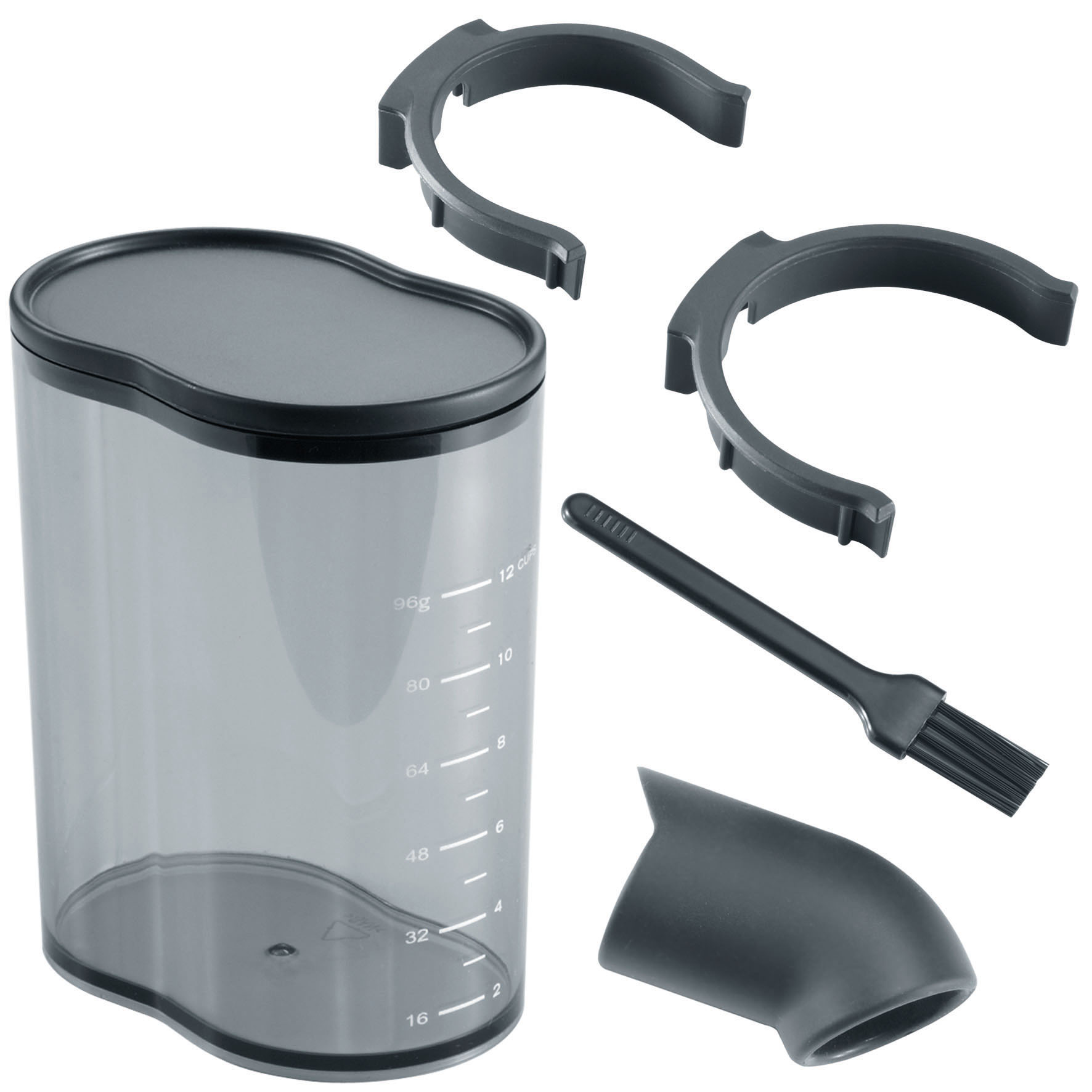 Kaffeezubehör: Wasserbehälter, Bürste und zwei schwarze, gebogene Halter.