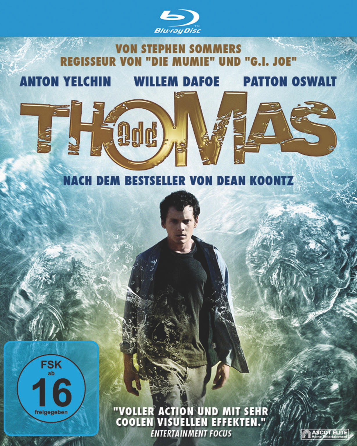 Filmplakat für 'Odd Thomas'. Ein Mann steht im Wasser, mit Titeltext oben und Kreaturen im Hintergrund.