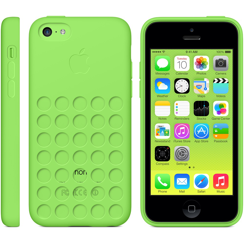 Ein grünes iPhone 5C mit Hülle, das den Bildschirm und eine Seitenansicht zeigt.