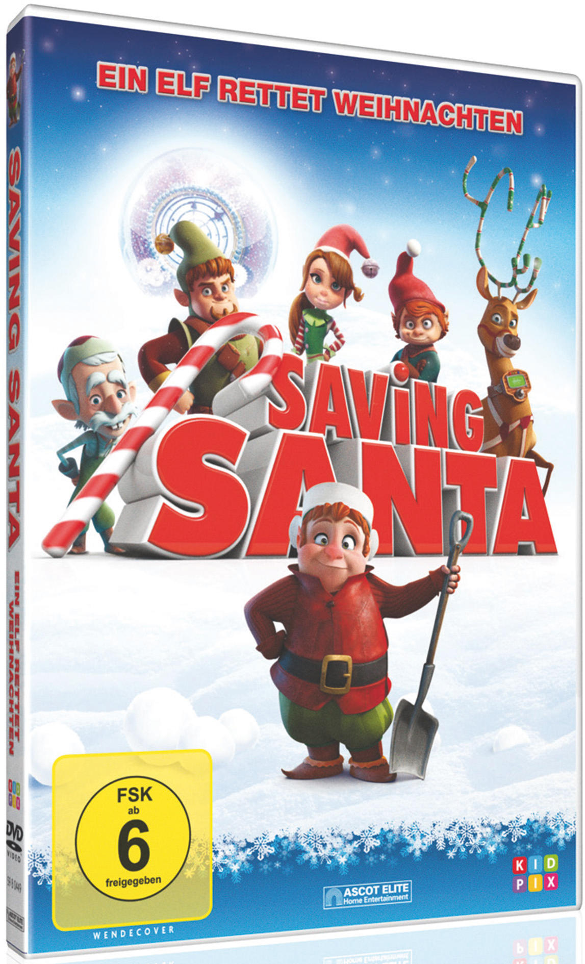 DVD-Cover von 'Saving Santa' mit animierten Figuren und schneebedecktem Hintergrund.