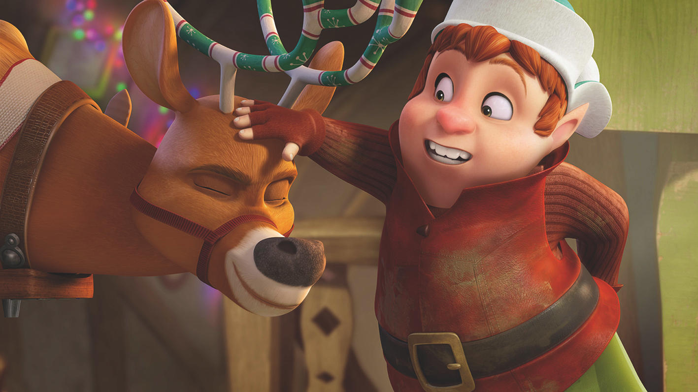 Elf streichelt den Kopf eines Rentiers, beide lächeln. Weihnachtsthema, animierter Stil.