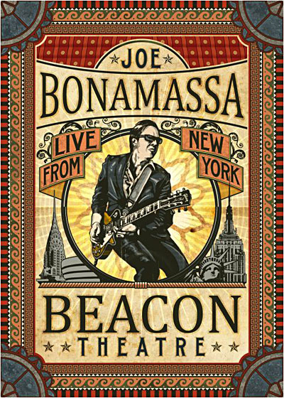 Album borító: Joe Bonamassa gitározik a színpadon, New York City és a Beacon Theatre művészetével.