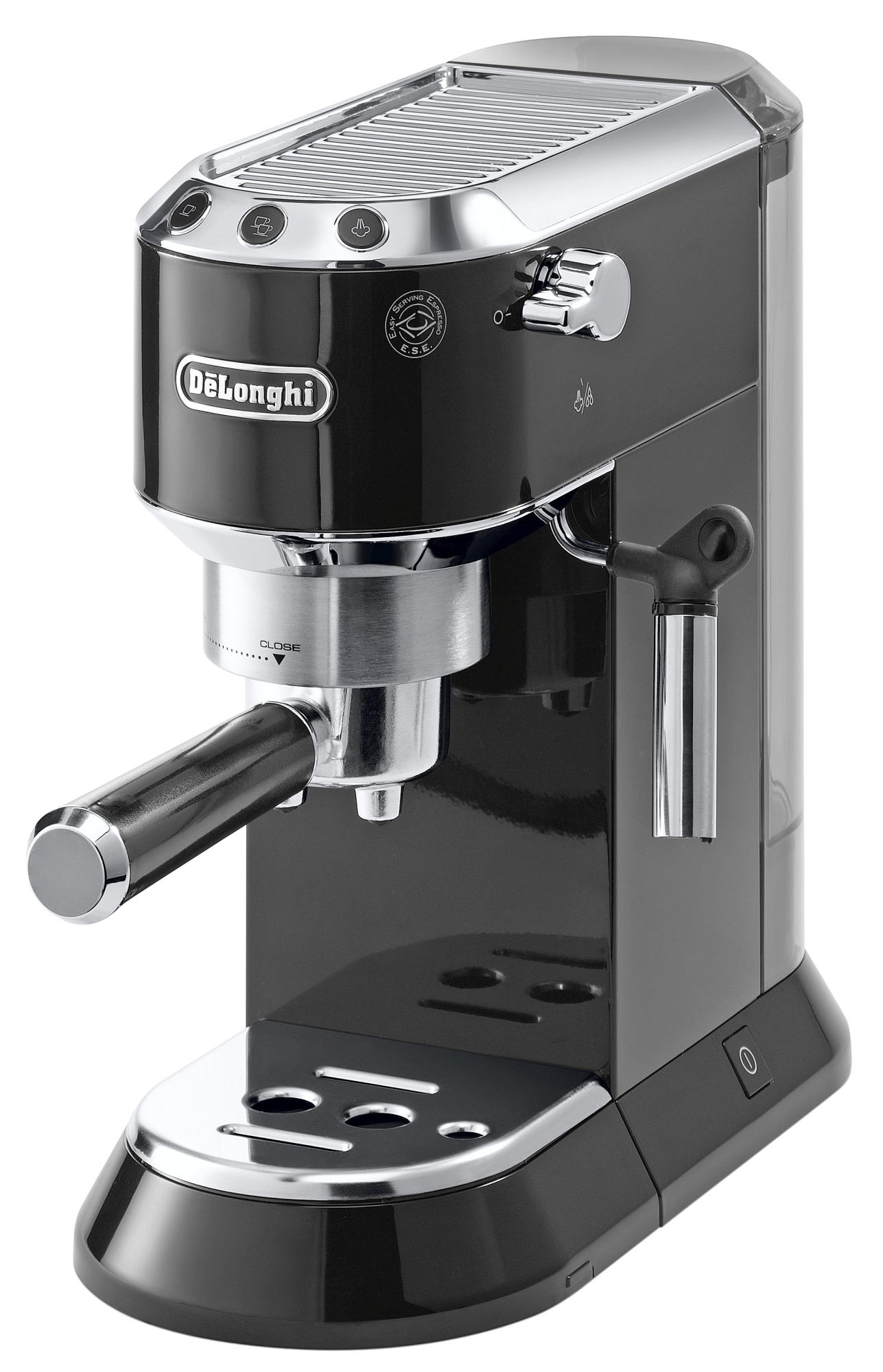 Gümüş detaylı siyah espresso makinesi. Bir portafiltre ve köpürtme çubuğu vardır.