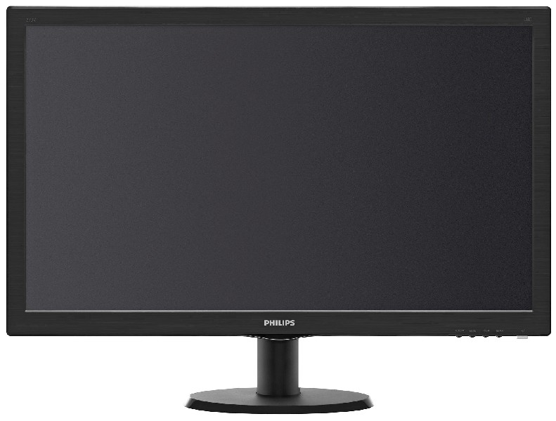 Monitor Philips negro con pantalla negra, sobre un soporte negro. El logotipo y los botones son visibles.
