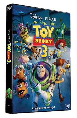 Toy Story 3 DVD borítója. Buzz Lightyear és más játékfigurák elöl.