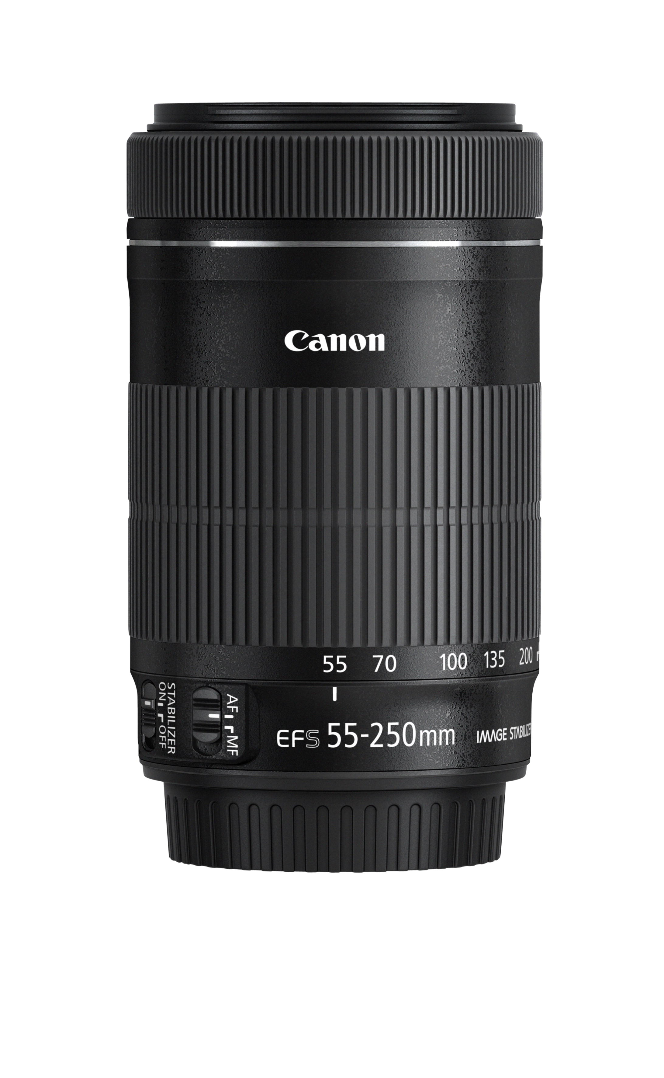 Objectif Canon EFS 55-250mm noir. Le logo Canon et les réglages sont visibles.