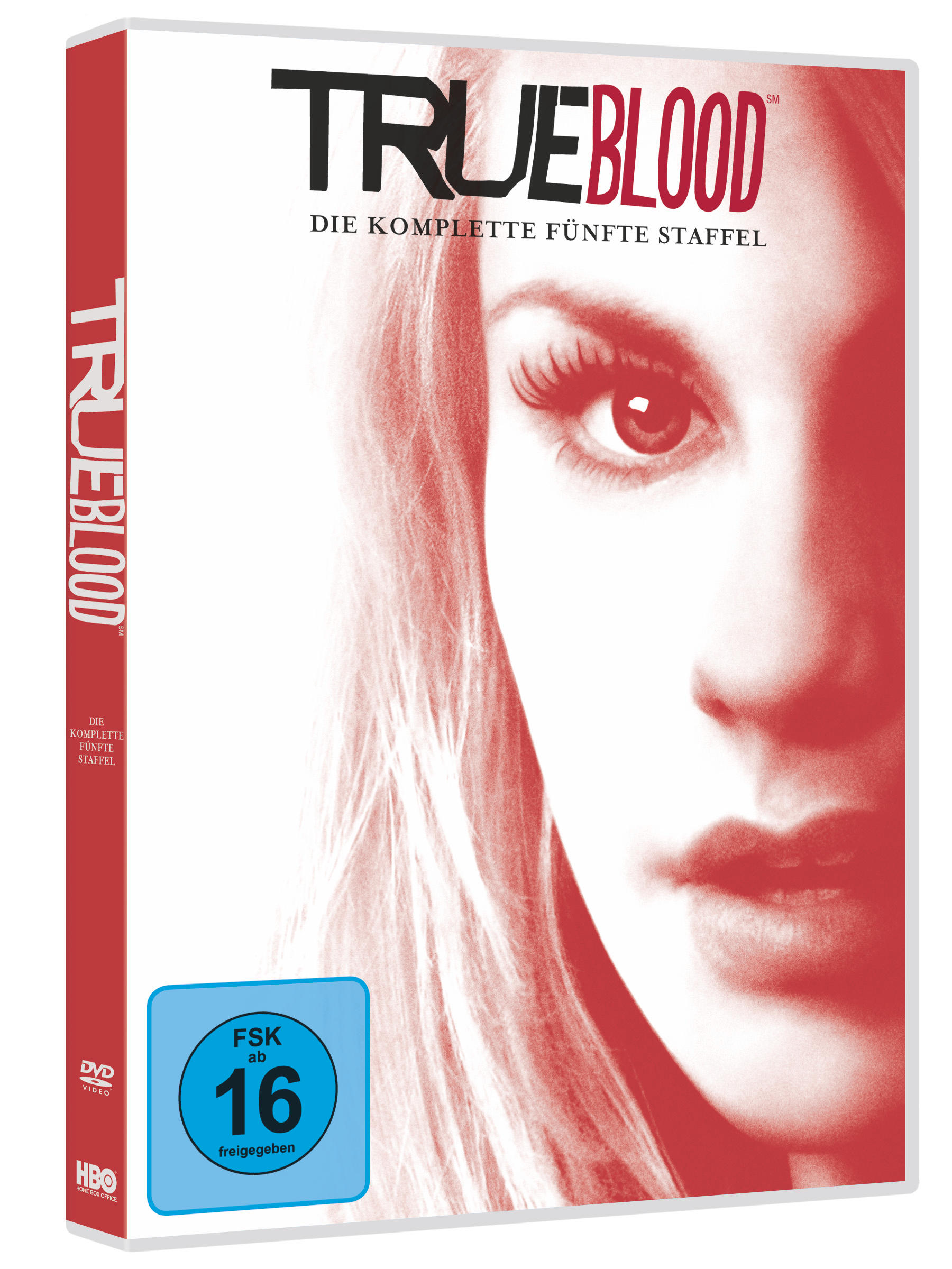DVD-Cover von 'True Blood'. Das Gesicht einer Frau ist prominent, der Titel der Show ist rot.