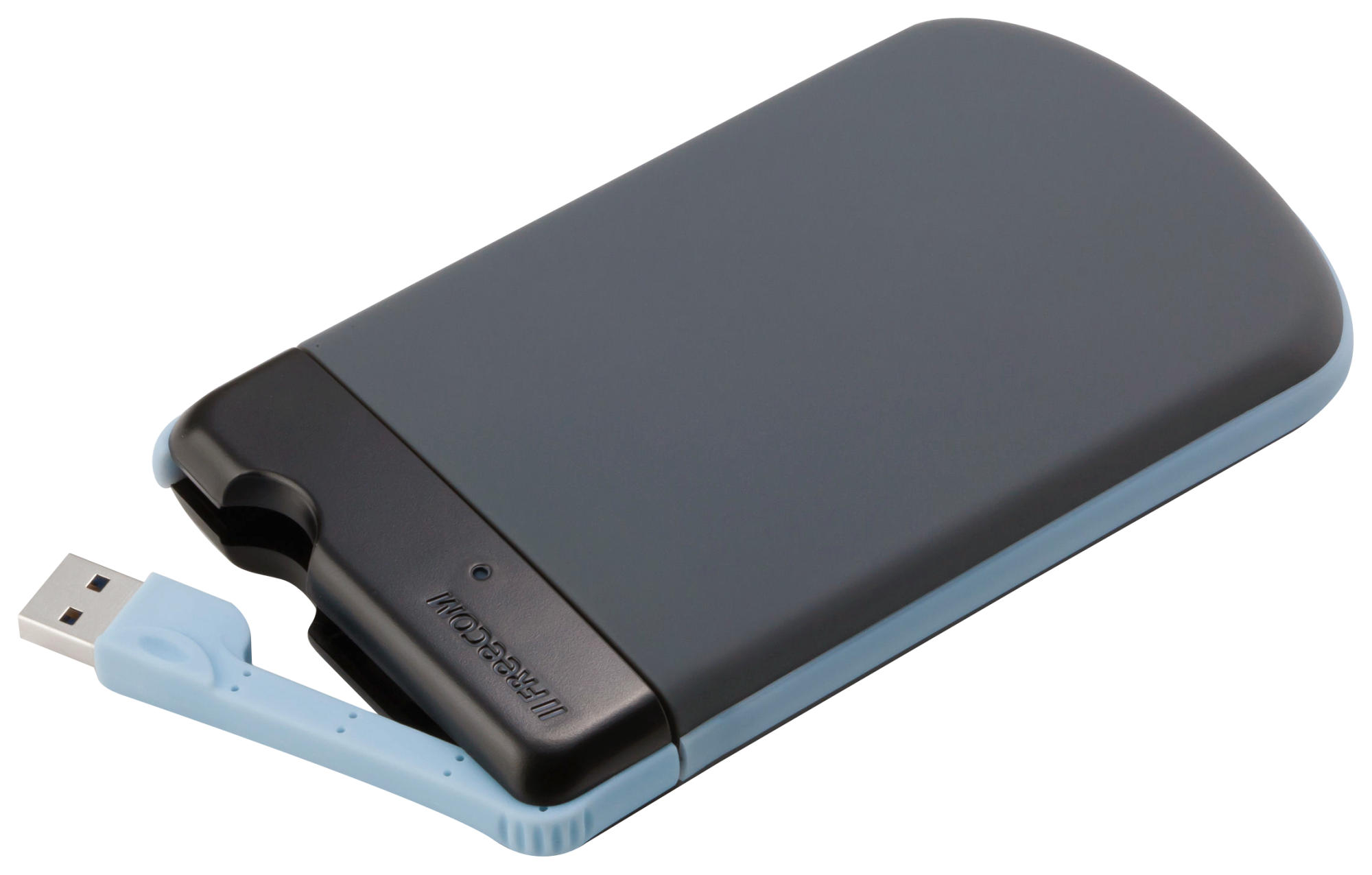 Graue und schwarze externe Festplatte mit blauem USB-Anschluss, auf weißem Hintergrund.