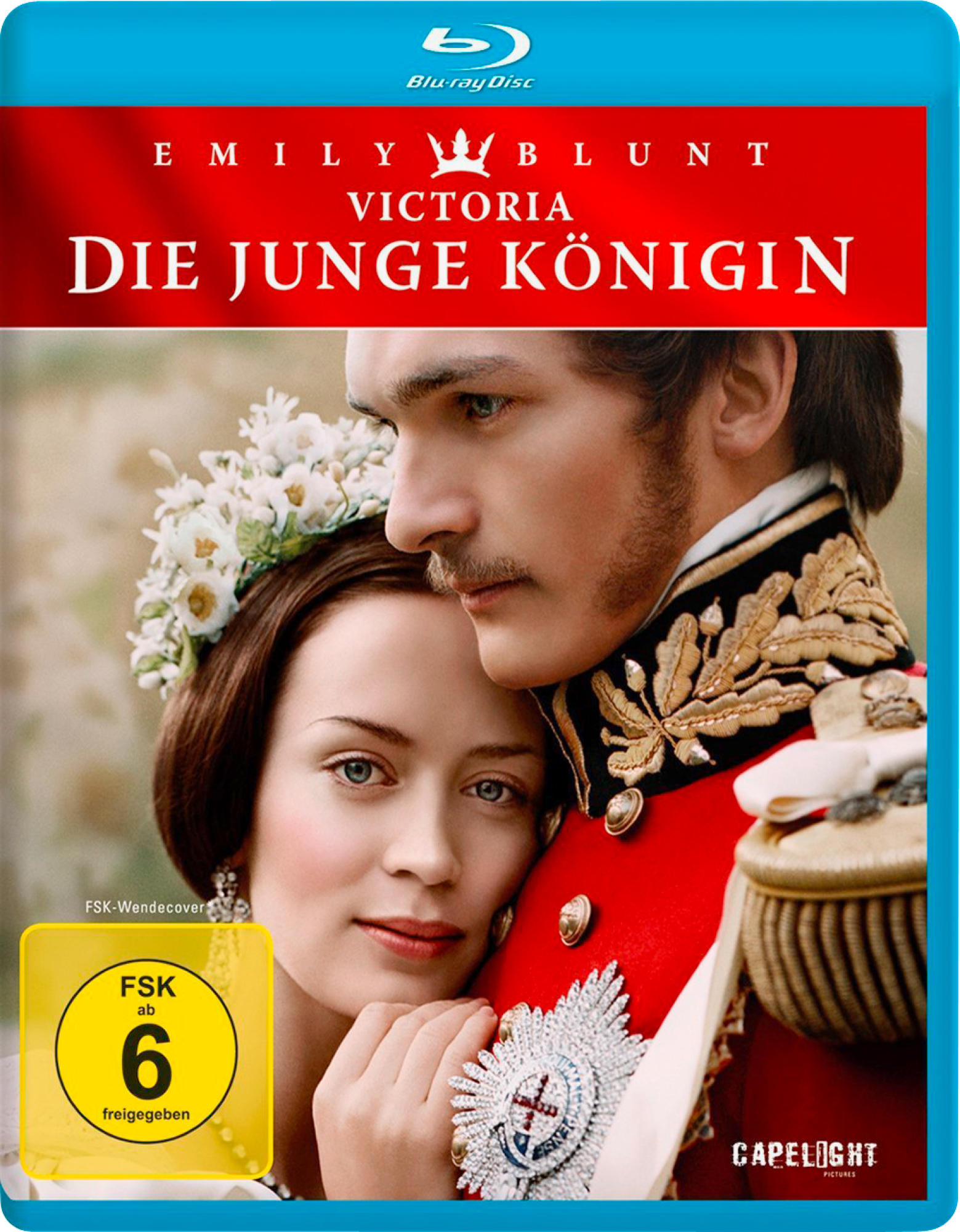 DVD-Cover für 'Victoria: Die junge Königin' mit Emily Blunt und einem Mann in roter Militäruniform.