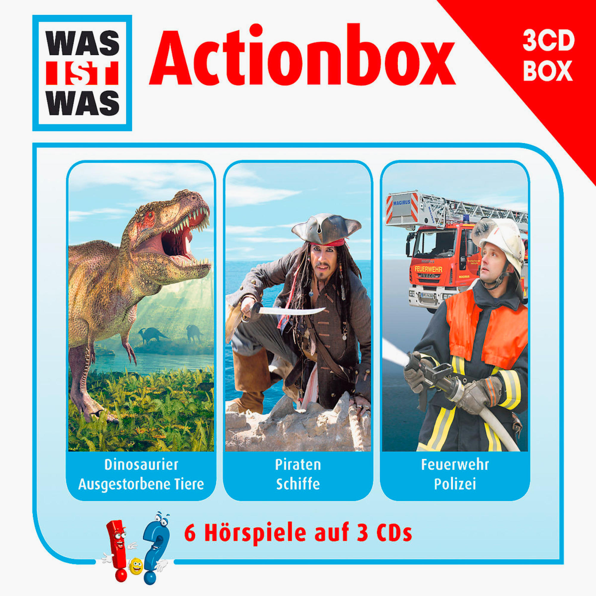 Eine Box mit drei Bildern: einem Dinosaurier, einem Piraten und einem Feuerwehrmann.