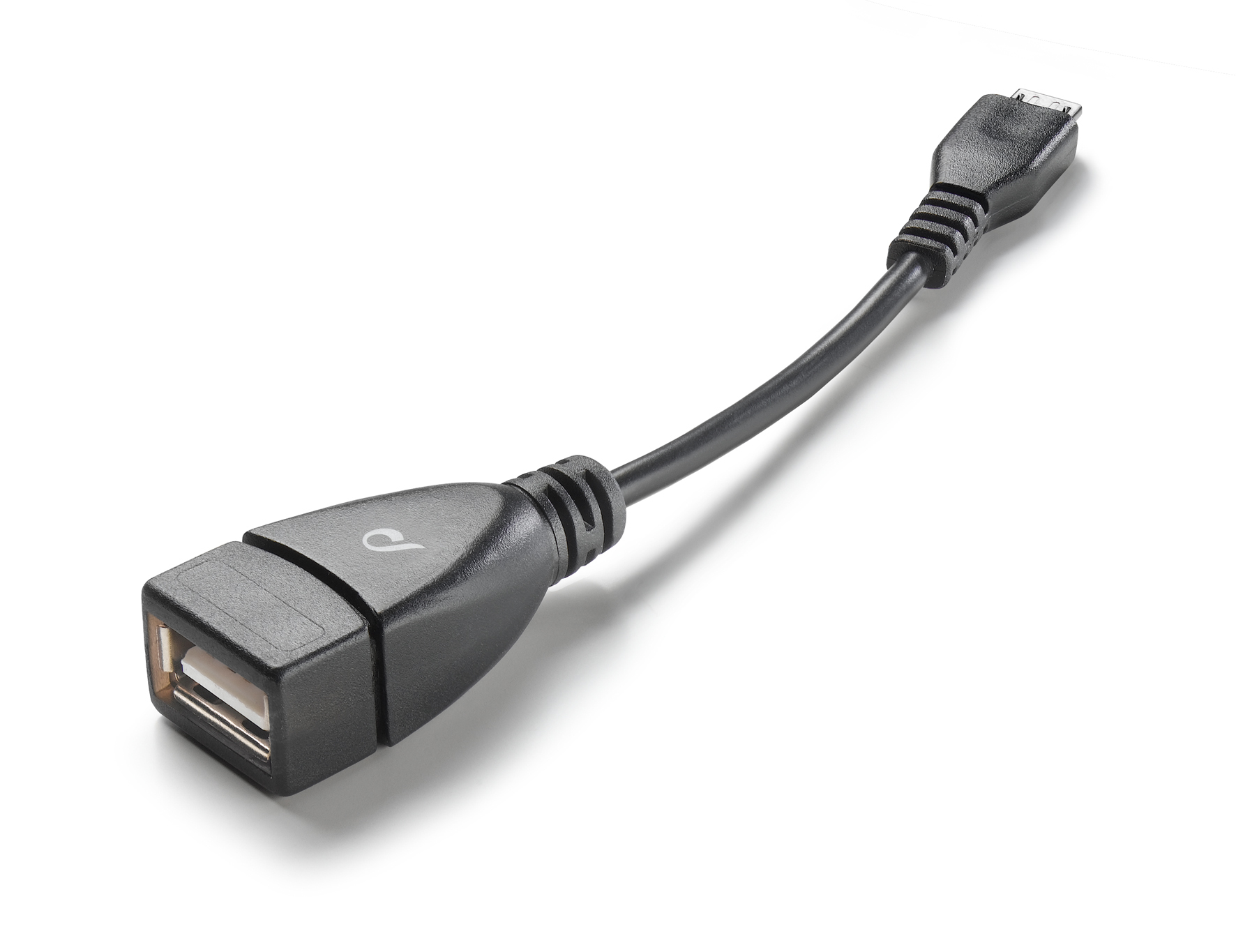 Schwarzes USB-Adapterkabel, weißer Hintergrund, USB zu Micro-USB, Nahaufnahme, klare Details.