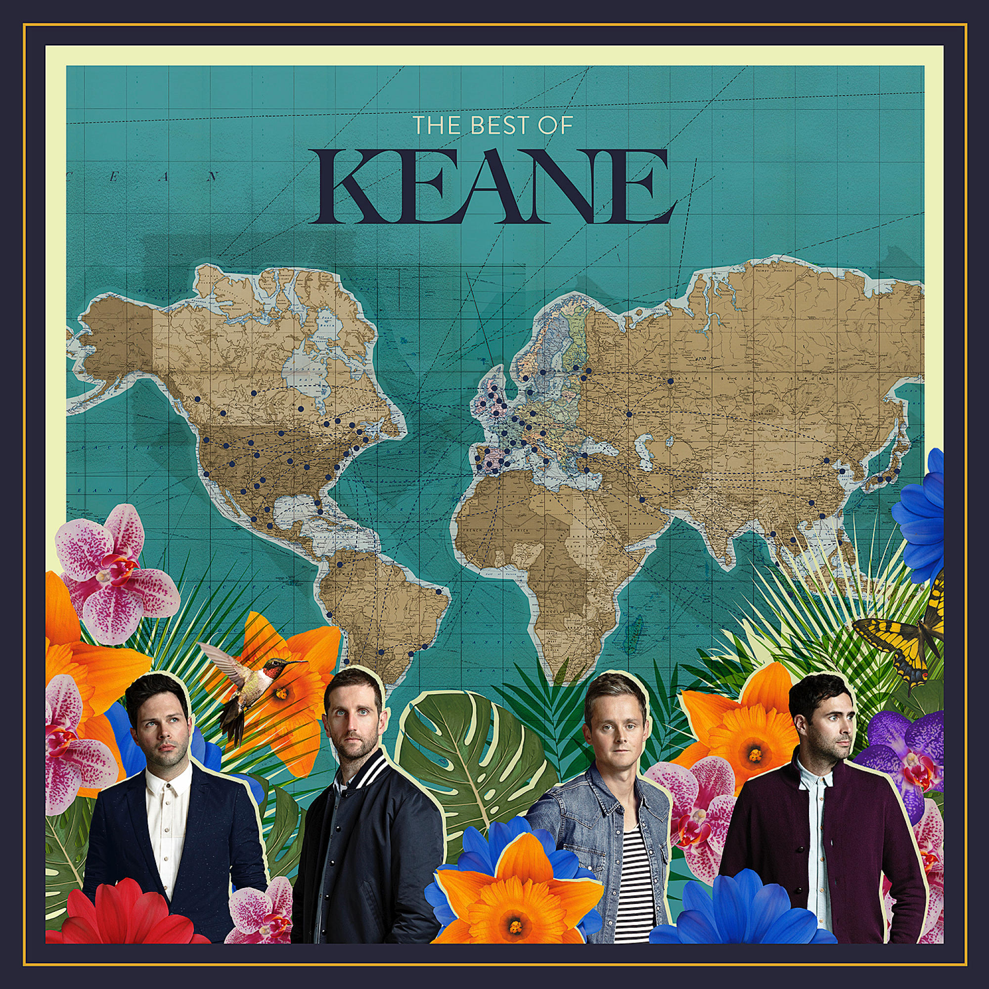 Keane Albumcover. Gruppe von vier Männern, Kartenhintergrund, floraler Rand. The Best of Keane.